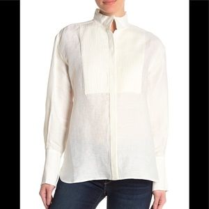 Frame Clean Collared Tux Shirt In Off White linen